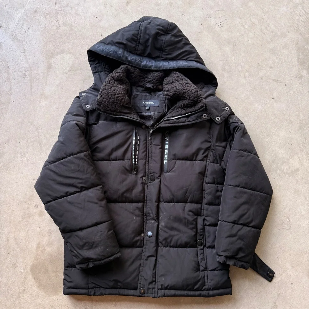 Diesel Youth Black Puffer Jacket Sherpa Lined Hooded Winter‎ Coat Size L 14/16